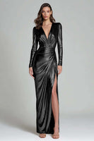 Load image into Gallery viewer, Sparkly Gold Sheath Metallic V-Neck Long Sleeves Formal Dress with Slit