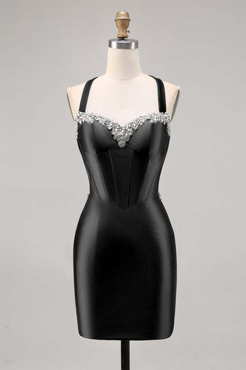 Sparkly Dark Green Satin Corset Tight Short Homecoming Dress with Beading