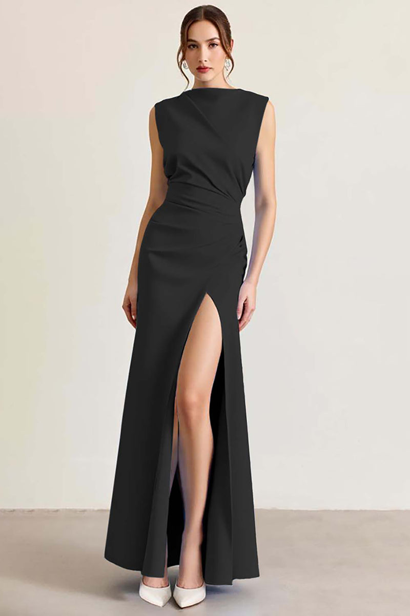 Load image into Gallery viewer, Queendancer Women Sky Blue Ruched Long Formal Dress with Slit Sheath Sleeveless Prom Dress