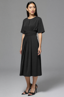 Load image into Gallery viewer, Navy Satin A Line Ruched Midi Work Dress