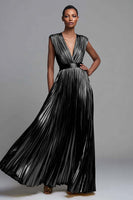 Load image into Gallery viewer, Queendancer Women Sparkly Metallic Gold A-Line Long Formal Dress Pleated Deep V-Neck Gala Dress