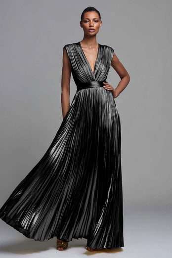 Sparkly Gold A-Line Metallic Deep V-Neck Pleated Long Formal Dress