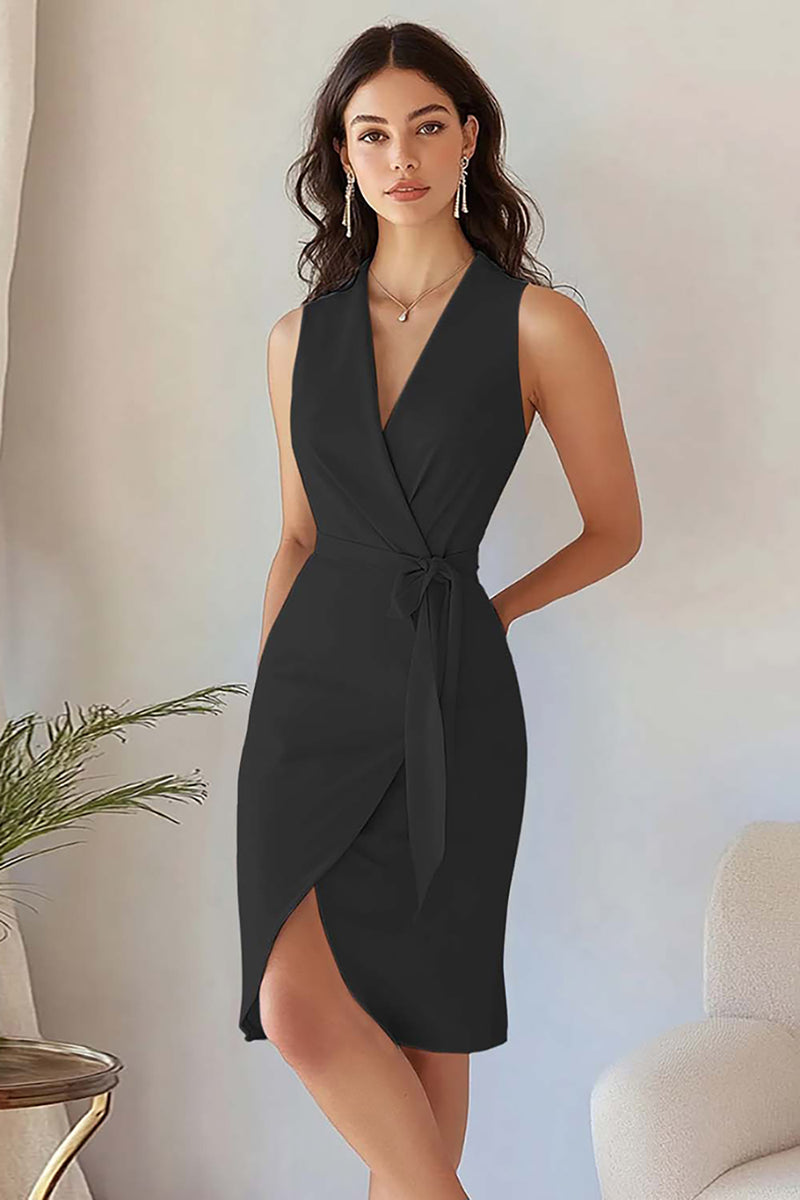 Load image into Gallery viewer, Queendancer Women Sky Blue Satin Short Work Blazer Dress with Sash Bodycon V-Neck Sleeveless Cocktail Dress