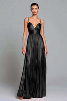 Load image into Gallery viewer, Sparkly Gold Pleated A-Line Metallic Spaghetti Straps Long Formal Dress