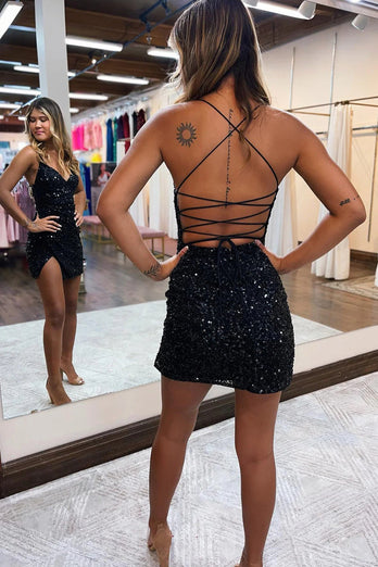 Glitter Royal Blue Spaghetti Straps Sequins Homecoming Dress with Slit