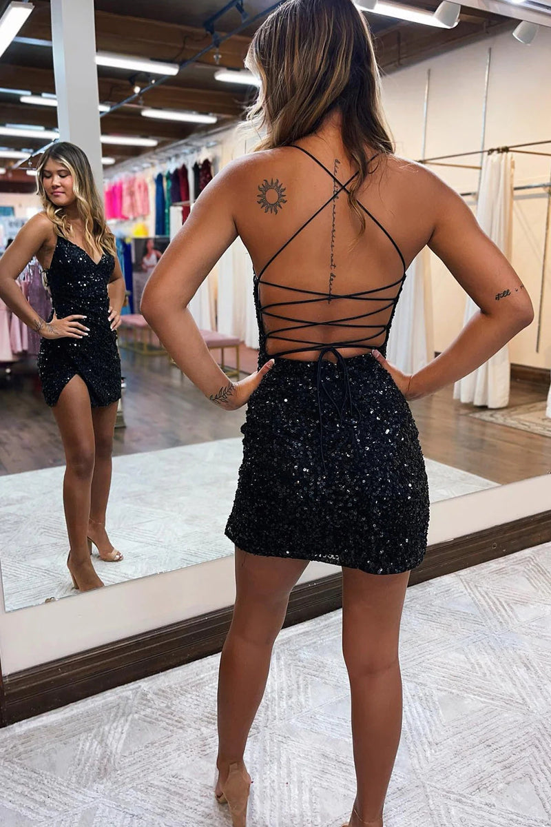 Load image into Gallery viewer, Glitter Royal Blue Spaghetti Straps Sequins Homecoming Dress with Slit