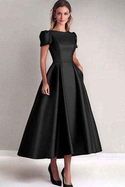 Black A Line Puff Sleeves Satin Mother of the Bride Dress