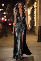 Load image into Gallery viewer, Sparkly Metallic Gold Halter Sheath Ruched Long Formal Dress with Slit