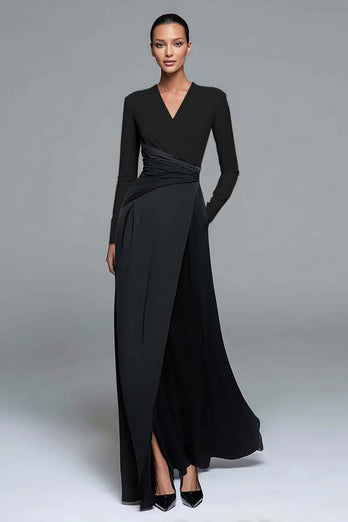 Black and White Patchwork Sheath Long Formal Dress with Sleeves
