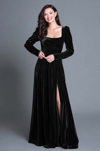Burgundy Velvet Square Neck Long Sleeves Holiday Party Dress with Slit