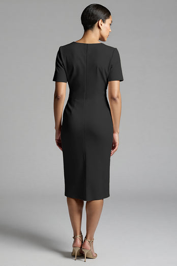 Tahiti Bodycon V-Neck Midi Satin Work Dress with Sleeves
