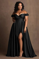 Load image into Gallery viewer, Queendancer Women Navy Plus Size Long Formal Dress with Slit Off the Shoulder Satin A Line Sweetheart Party Dress
