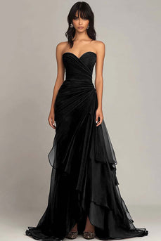 Queendancer Women Chiffon Formal Dress Sheath Sweetheart Tiered Black Tie Dress Strapless Ruched Long Formal Dress