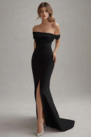 Load image into Gallery viewer, Red Sheath Off the Shoulder Long Black Tie Dress with Slit