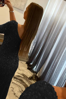 Black One Shoulder Sequined Prom Dress