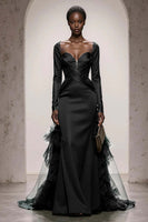 Load image into Gallery viewer, Dark Green Satin Mermaid Sweetheart Long Sleeves Formal Dress with Tulle