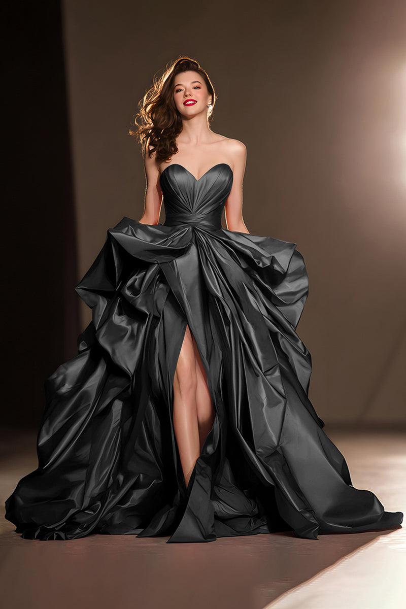 Load image into Gallery viewer, Dark Red A Line Satin Ruffled Sweetheart Ball Gown Long Pageant Dress with Slit