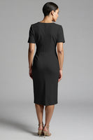 Load image into Gallery viewer, Champagne Bodycon V-Neck Midi Satin Work Dress with Sleeves