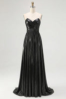 Load image into Gallery viewer, Gold Pleated Metallic Strapless A Line Long Prom Dress