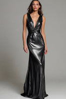 Load image into Gallery viewer, Sparkly Gold Mermaid Metallic Deep V-Neck Long Formal Dress
