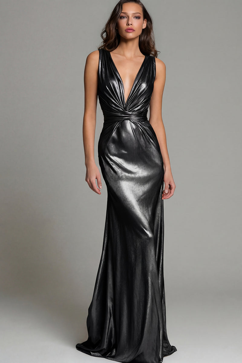 Load image into Gallery viewer, Sparkly Gold Mermaid Metallic Deep V-Neck Long Formal Dress