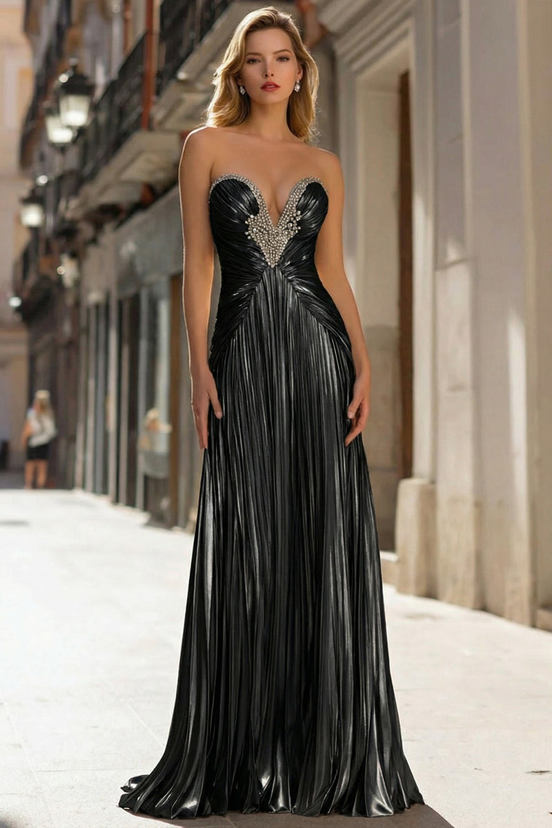 Load image into Gallery viewer, Sparkly Gold Metallic Sheath Pleated Long Prom Dress with Beading