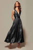Load image into Gallery viewer, Queendancer Women Sparkly Tahiti Metallic Long Formal Dress Pleated V-Neck A-Line Ankle Length Holiday Party Dress