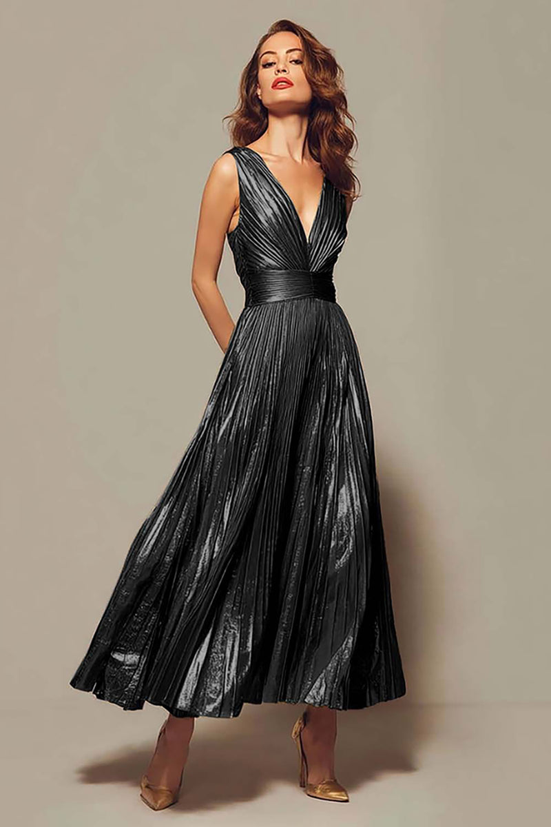 Load image into Gallery viewer, Queendancer Women Sparkly Tahiti Metallic Long Formal Dress Pleated V-Neck A-Line Ankle Length Holiday Party Dress
