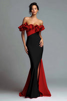 Load image into Gallery viewer, Black and Red Satin Mermaid Off the Shoulder Ruffled Long Formal Dress with Slit