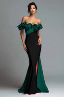 Load image into Gallery viewer, Black and Red Satin Mermaid Off the Shoulder Ruffled Long Formal Dress with Slit