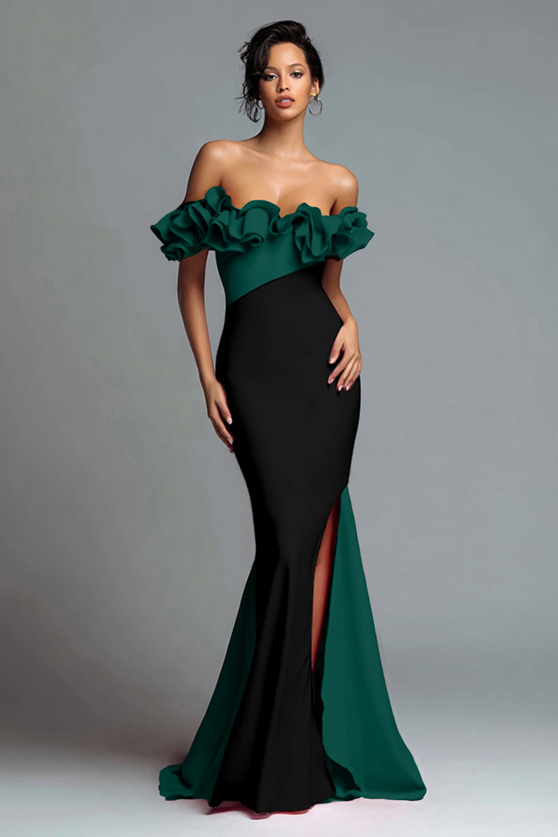 Load image into Gallery viewer, Black and Red Satin Mermaid Off the Shoulder Ruffled Long Formal Dress with Slit