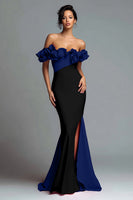 Load image into Gallery viewer, Black and Red Satin Mermaid Off the Shoulder Ruffled Long Formal Dress with Slit