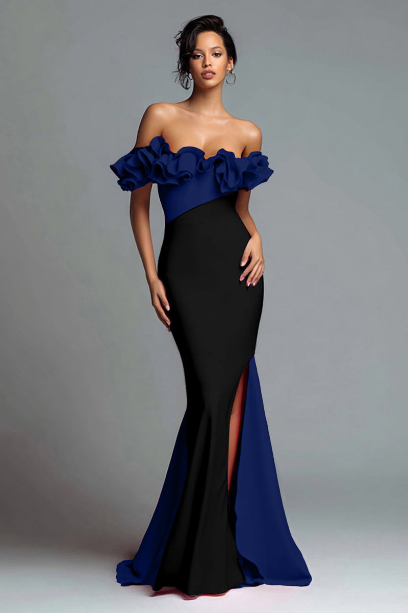 Load image into Gallery viewer, Black and Red Satin Mermaid Off the Shoulder Ruffled Long Formal Dress with Slit