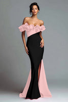Load image into Gallery viewer, Black and Red Satin Mermaid Off the Shoulder Ruffled Long Formal Dress with Slit