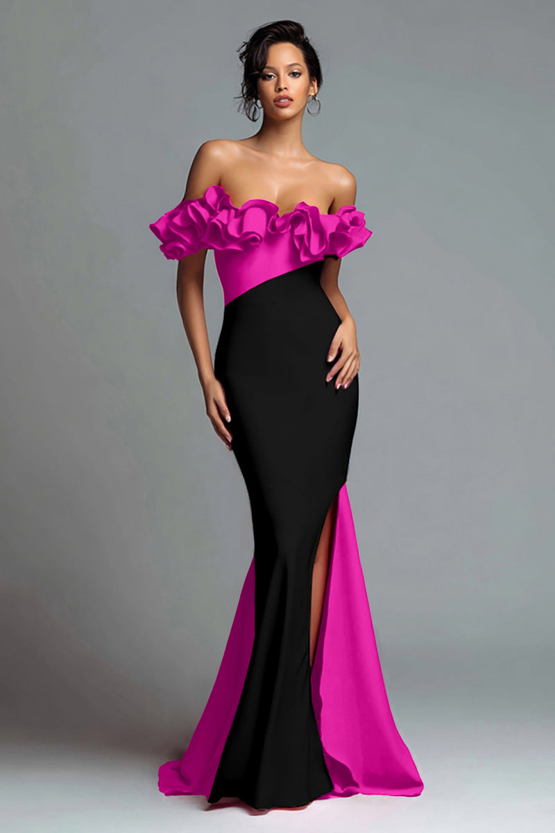 Load image into Gallery viewer, Black and Red Satin Mermaid Off the Shoulder Ruffled Long Formal Dress with Slit