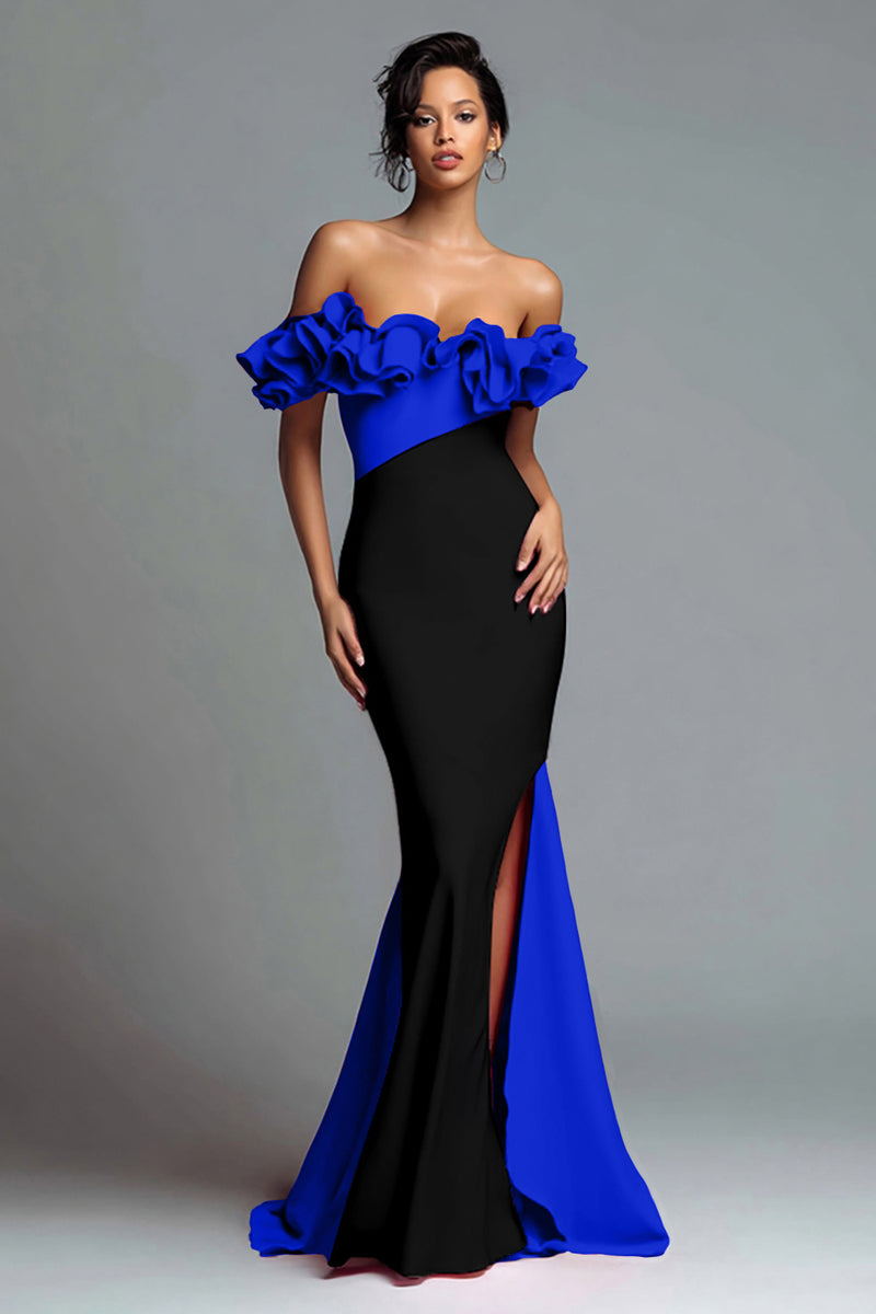 Load image into Gallery viewer, Black and Red Satin Mermaid Off the Shoulder Ruffled Long Formal Dress with Slit