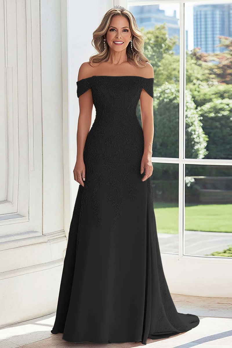 Load image into Gallery viewer, Off The Shoulder Taupe Sheath Mother of the Bride Dress with Lace
