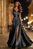 Load image into Gallery viewer, Sparkly Black Metallic A-Line Ruched Pleated Long Formal Dress with Slit