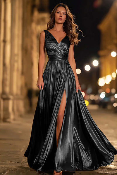 Sparkly Black Metallic A-Line Ruched Pleated Long Formal Dress with Slit
