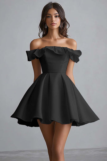 White A Line Satin Off the Shoulder Mini Graduation Dress with Ruffles