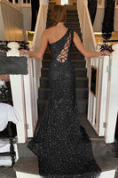 Load image into Gallery viewer, Sheath One Shoulder White Sequins Long Prom Dress with Split Front