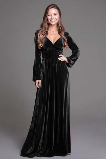 Burgundy Velvet A-Line V-Neck Long Sleeves Holiday Party Dress