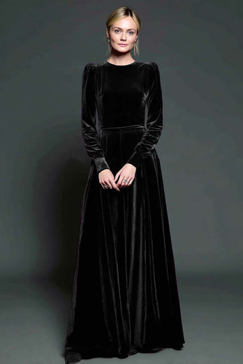 Simple Dark Purple A Line Velvet Long Holiday Party Dress with Sleeves