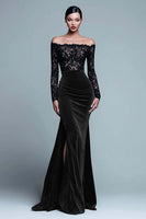 Load image into Gallery viewer, Black and Burgundy Velvet Mermaid Long Sleeves Holiday Party Dress with Lace