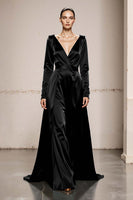 Load image into Gallery viewer, Peacock Green Satin V-Neck A Line Long Sleeves Formal Dress