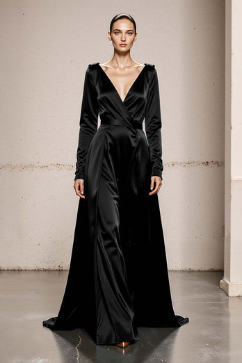 Peacock Green Satin V-Neck A Line Long Sleeves Formal Dress