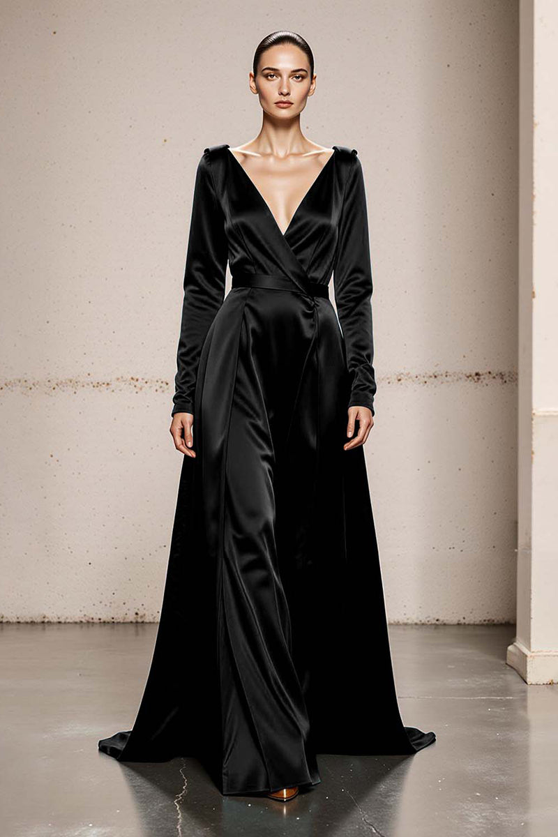 Load image into Gallery viewer, Peacock Green Satin V-Neck A Line Long Sleeves Formal Dress