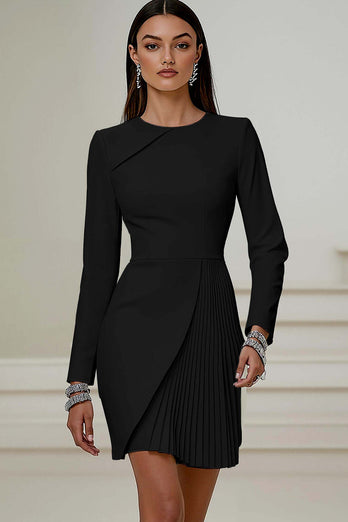 Queendancer Women Ivory Pleated Short Work Dress Long Sleeves Pencil Round Neck Business Dress