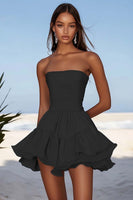 Load image into Gallery viewer, Fuchsia Chiffon Strapless A Line Ruched Short Cocktail Dress with Ruffles