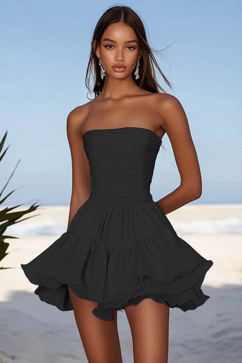 Sky Blue Chiffon Ruched Strapless Short Cocktail Dress with Ruffles